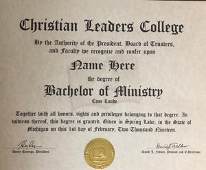 Bachelor of Ministry Degree $30.00