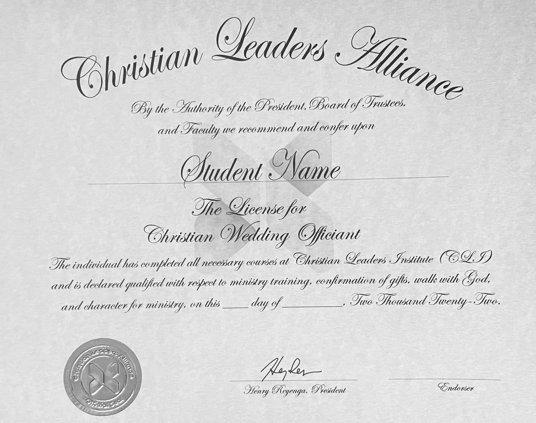 Licensed Christian Wedding Officiant Certificate $62.50